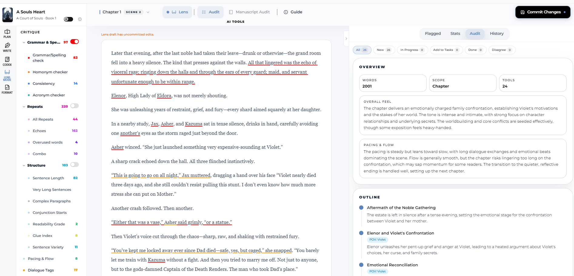 InkWriter manuscript audit showing an overview, pacing notes, and story outline