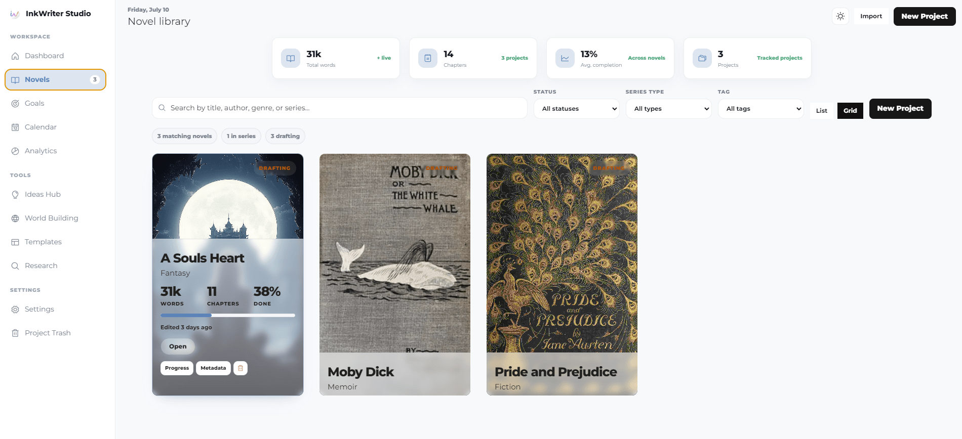 InkWriter dashboard showing the novel library and project progress