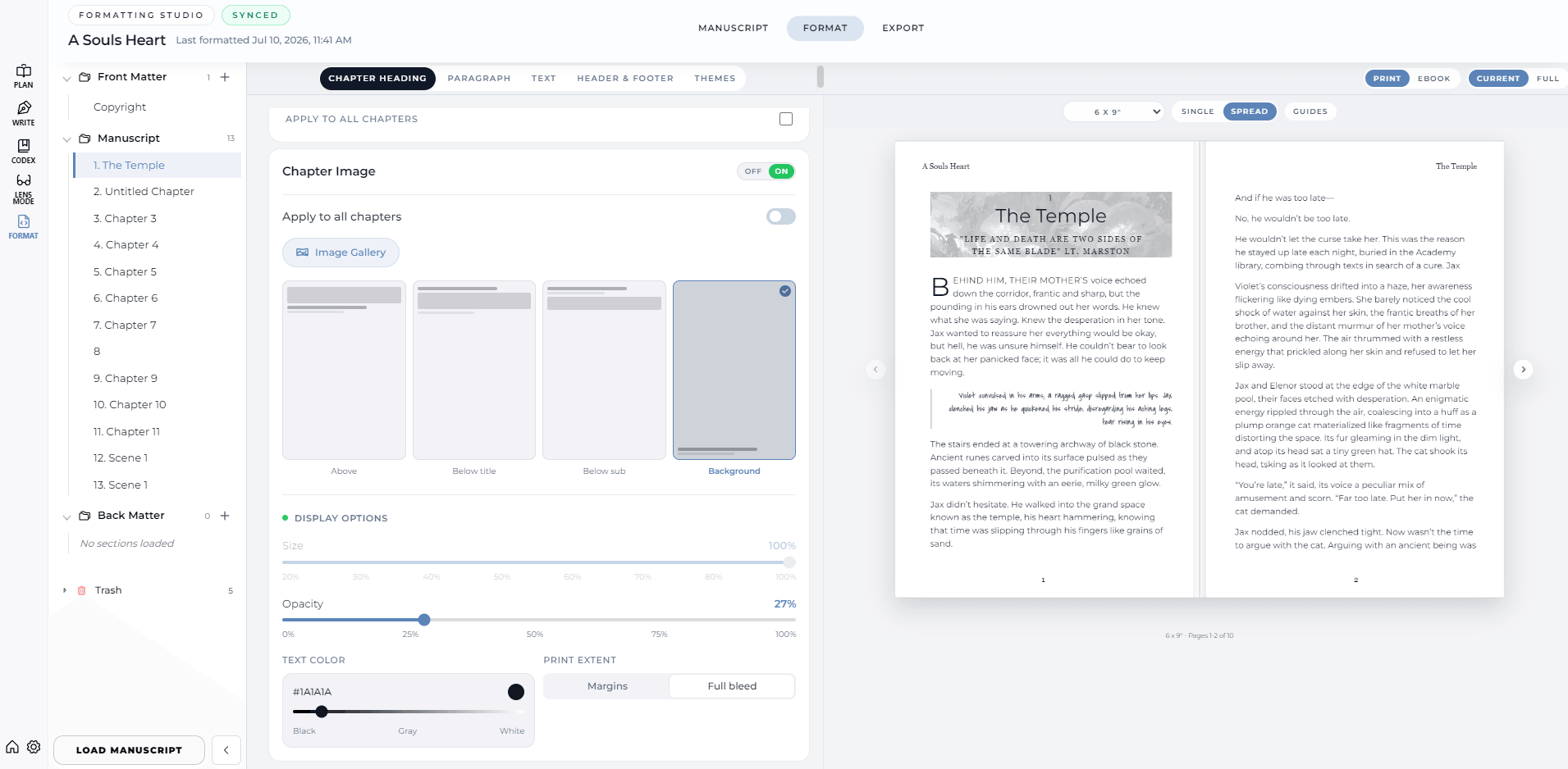 InkWriter Formatting Studio with chapter design controls and a print preview
