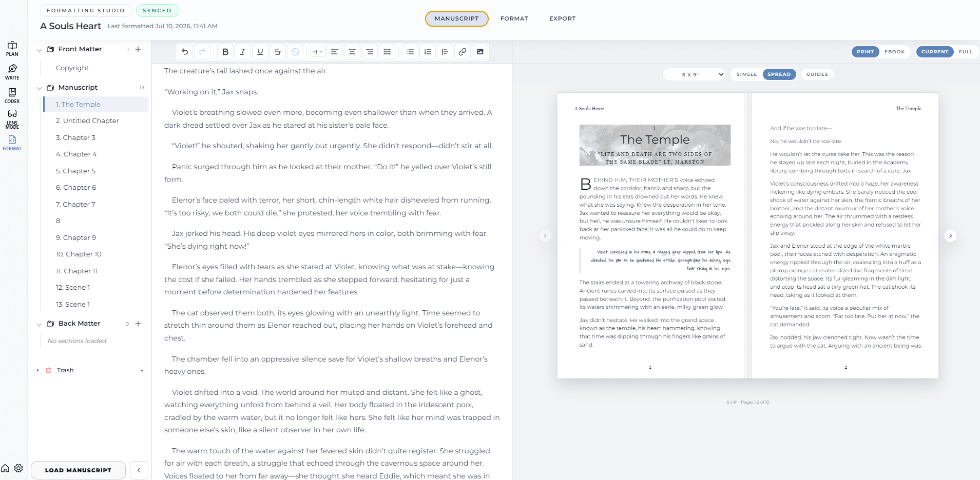 InkWriter manuscript editor beside a formatted book preview