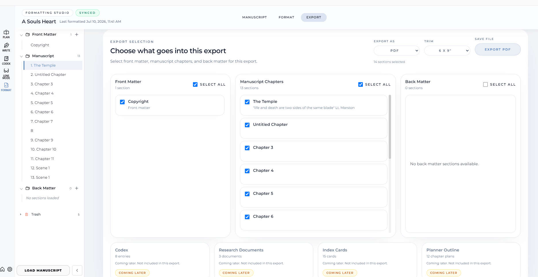 InkWriter export selection screen for choosing manuscript sections and file format