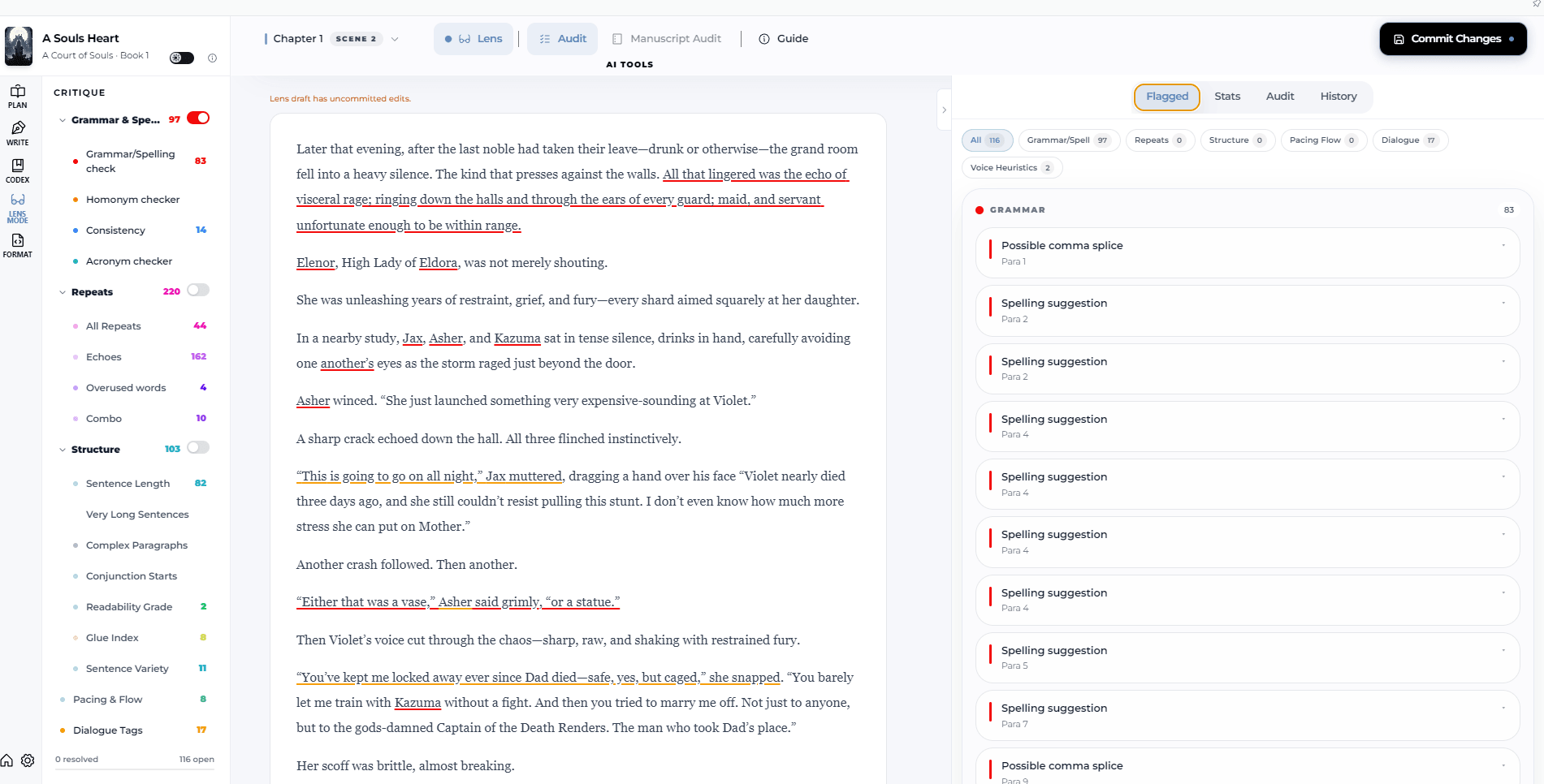 InkWriter Lens Mode showing inline critique flags beside the manuscript